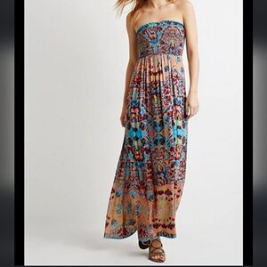 Forever 21 Boho Strapless Maxi Dress in Turquoise Floral Print